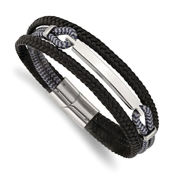 Black Leather and Stainless Steel Polished Multi Strand 8.25-inch ID Bracelet