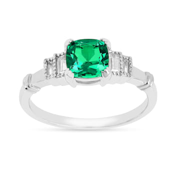 Green Lab Created Emerald and Moissanite Rhodium Over Sterling Silver
Center Design Ring