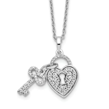 Rhodium Over 14K White Gold Lab Grown Diamond Heart Lock and Key Pendant Necklace