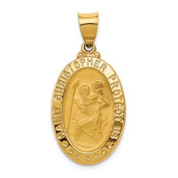 14K Yellow Gold Polished and Satin St. Christopher Medal Hollow Pendant