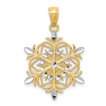 14K Yellow Gold with Rhodium over 14K Gold Diamond-cut Snowflake Pendant