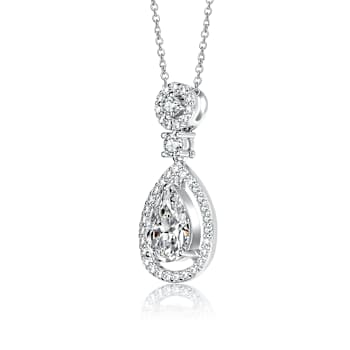 Pear Shape CZ Halo Drop Necklace In Sterling Silver