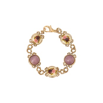 Gold Tone Ivory Decal Flower & Purple Cabochon Bracelet