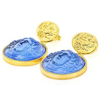 Blue Venetian Glass Medusa Cameo Earrings In 18K Gold Over Sterling Silver
