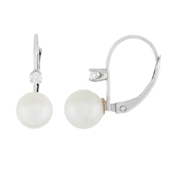 14k White Gold Leverback Earring with 7mm Freshwater Pearl and .10CT DTW