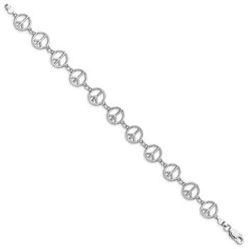Rhodium Over 14k White Gold Polished Peace Sign Bracelet