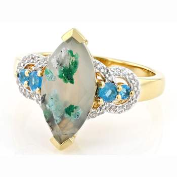 Blue Chalcedony, Neon Apatite And White Zircon Ring In 18K Gold Over
Sterling Silver