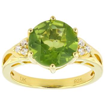 Peridot Round And White Zircon Ring In 18K Gold Over Sterling Silver 3.33ctw