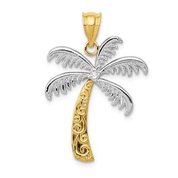 14k Yellow Gold and Rhodium Over 14k Yellow Gold Textured Palm Tree
Pendant with Diamond
