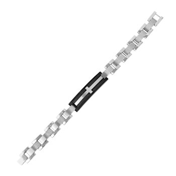 Mens Carbon Fiber and Stainless Steel with Black Leather Accent Cross Bracelet