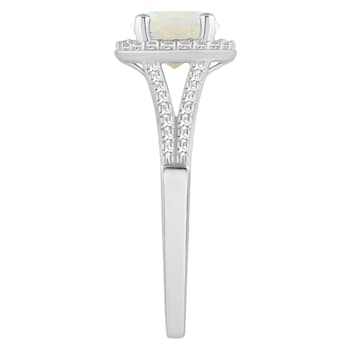7mm Round Opal 1/4 ctw Diamond Rhodium Over Sterling Silver Halo Ring