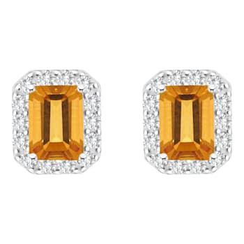 8x6mm Emerald Cut Citrine And White Topaz Accent Rhodium Over Sterling
Silver Halo Stud Earrings