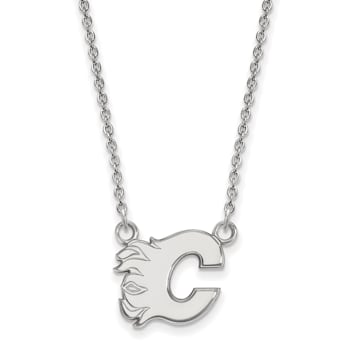 Rhodium Over Sterling Silver NHL LogoArt Calgary Flames Pendant Necklace