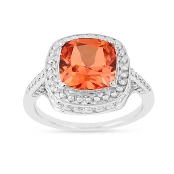 Peach Orange Lab Created Padparadscha Sapphire Rhodium Over Sterling
Silver Cushion Cut Ring