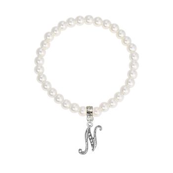 White Faux Pearl Bead Initial Charm Stretch Bracelet