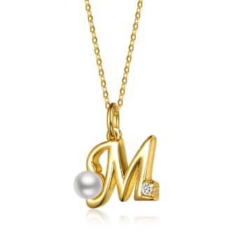 Initial M Pear Shape CZ And White Pearl Pendant Necklace In 14K Gold
Over Brass