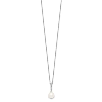 Rhodium Over Sterling Silver 7-8mm White Freshwater Cultured Pearl Cubic
Zirconia Necklace