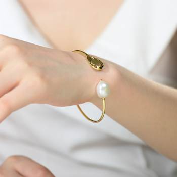 Pear Shape Freshwater Pearl Cuff Bracelet In 14K Gold Over Sterling Silver