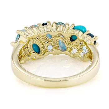 Turquoise And Multi-Blue Gemstone Ring In 18K Gold Over Sterling Silver 1.66ctw