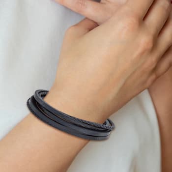 Navy Blue Leather and Stainless Steel Brushed Multi Strand 8-inch Bracelet