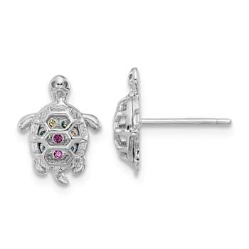 Rhodium Over Sterling Silver Multi-color Cubic Zirconia Turtle Post Earrings