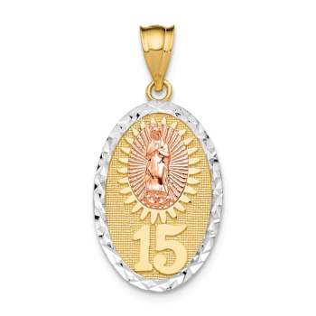 14K Tri-color Gold Textured and Diamond-Cut Lady Guadalupe 15 Pendant