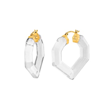 14K Yellow Gold Over Sterling Silver Heart Gem Acrylic Hoops in Clear
