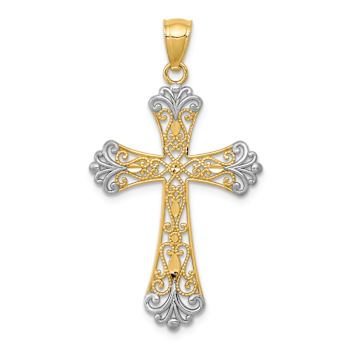 14k Yellow Gold and Rhodium Over 14k Yellow Gold Diamond-cut and
Textured Cross Pendant