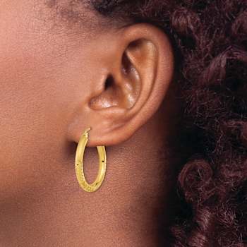 14k Yellow Gold Polished Satin and Diamond-cut 1 1/16" Hoop Earrings