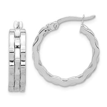 Rhodium Over 14k White Gold 13/16" Polished and Textured Hoop Earrings