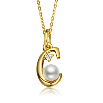 Initial C White Pearl And Pear Shape CZ Pendant Necklace In 14K Gold
Over Brass