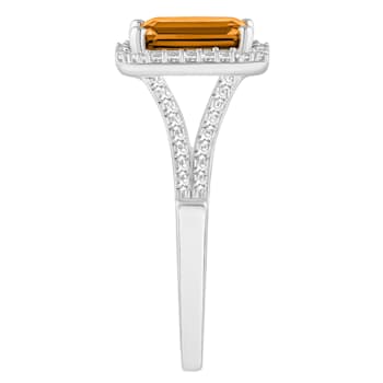 8x6mm Emerald Cut Citrine 1/4 ctw Diamond Rhodium Over Sterling Silver
Halo Ring