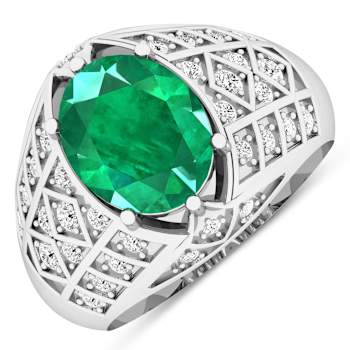 2.45ctw Green Emerald and Diamond 14K White Gold Halo Ring