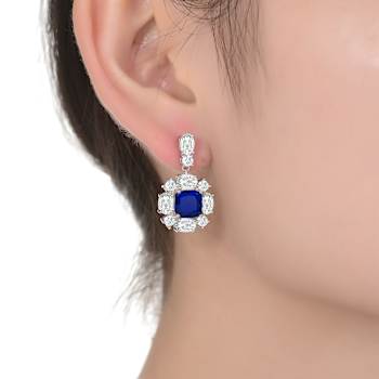 Sapphire Color CZ Square Drop Earrings In White Rhodium Over Brass