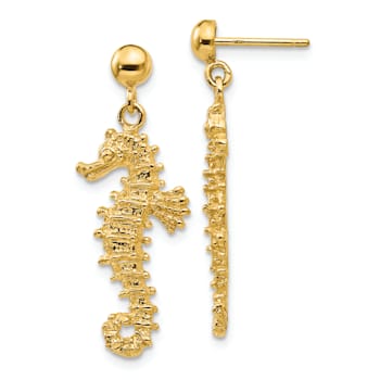 14k Yellow Gold Textured Large Seahorse Dangle Earrings