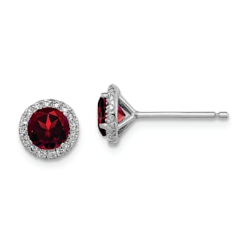 Rhodium Over Sterling Silver Garnet and CZ Post Earrings
