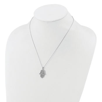 Rhodium Over Sterling Silver Polished Cubic Zirconia Hamsa Necklace
