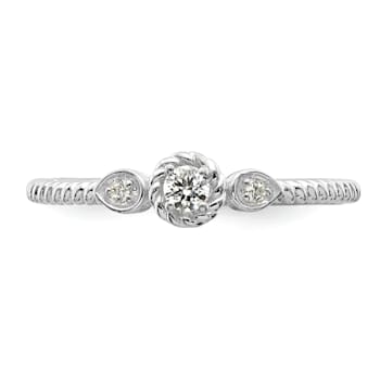 Rhodium Over 14K Gold Roped Band Petite Round Diamond Ring 0.10ctw