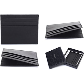 Prada Saffiano Nero Black - Gray Card Holder Silver Logo