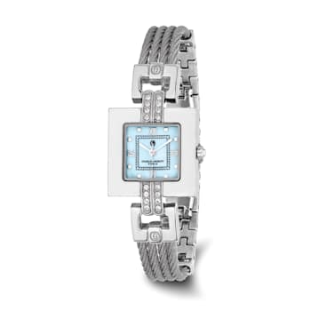 Charles Hubert Stainless Steel Wire Bangle Light Blue MOP Dial Watch