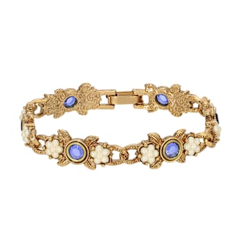 Gold Tone Round Crystal Faux Pearl Rose Bracelet