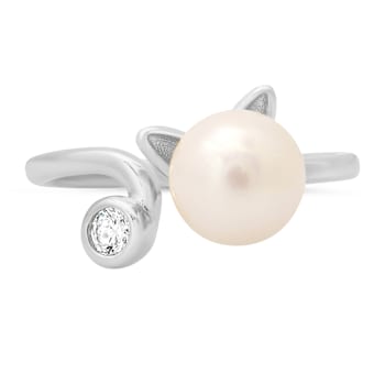 White Cubic Zirconia and 8mm Cultured Freshwater Pearl Rhodium Over
Sterling Silver Cat Ring 0.10ctw