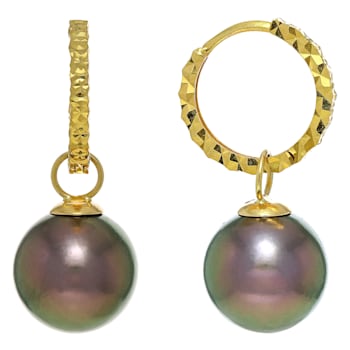 Tahitian Cultured Pearl 18k Yellow Gold Diamond Cut Hoop Earrings