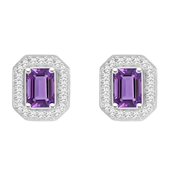 6x4mm Emerald Cut Amethyst 1/5 ctw Diamond Rhodium Over Sterling Silver
Halo Stud Earrings