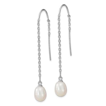 Rhodium Over Sterling Silver  7-8mm Freshwater Cultured Pearl Threader Earrings