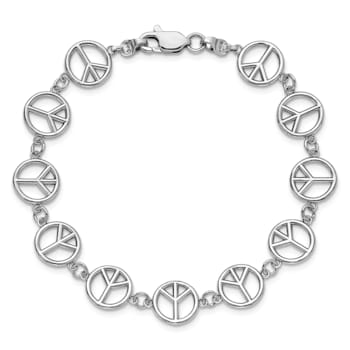 Rhodium Over 14k White Gold Polished Peace Sign Bracelet