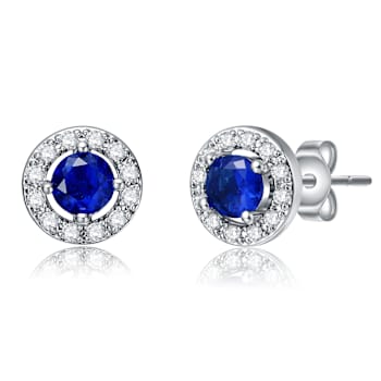 Sapphire Color CZ Halo Stud Earrings In White Rhodium Over Brass