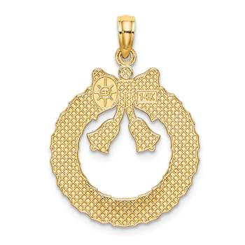 14k Yellow Gold Satin and Polished Christmas Wreath Pendant
