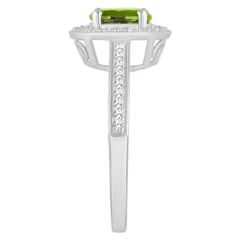 7mm Round Peridot 1/5 ctw Diamond Rhodium Over Sterling Silver Halo Ring