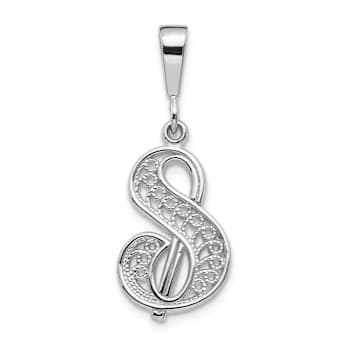 Rhodium Over 14k White Gold Solid Polished Script Filigree Textured
Letter S Initial Pendant